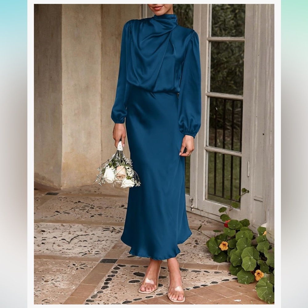 Satin Blouson Midi Dress - Picture 3 of 12